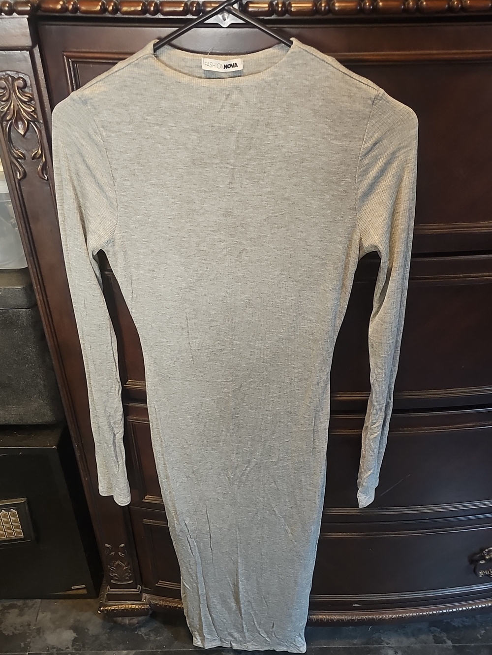 Fashion Nova Light Gray Long Sleeve Bodycon Midi Dress